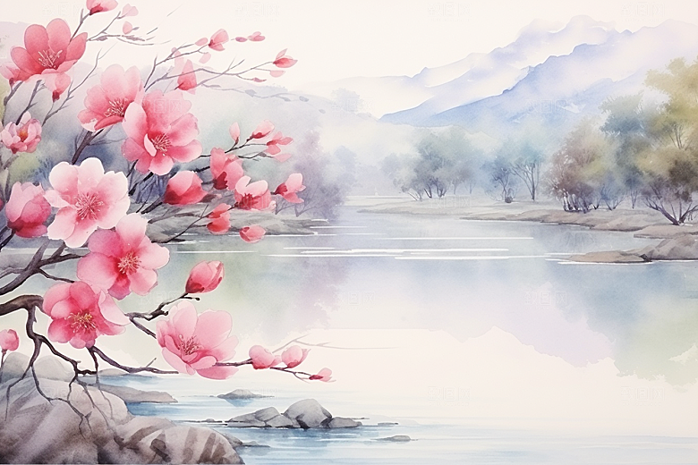 水彩山水风光水彩画风景背景图
