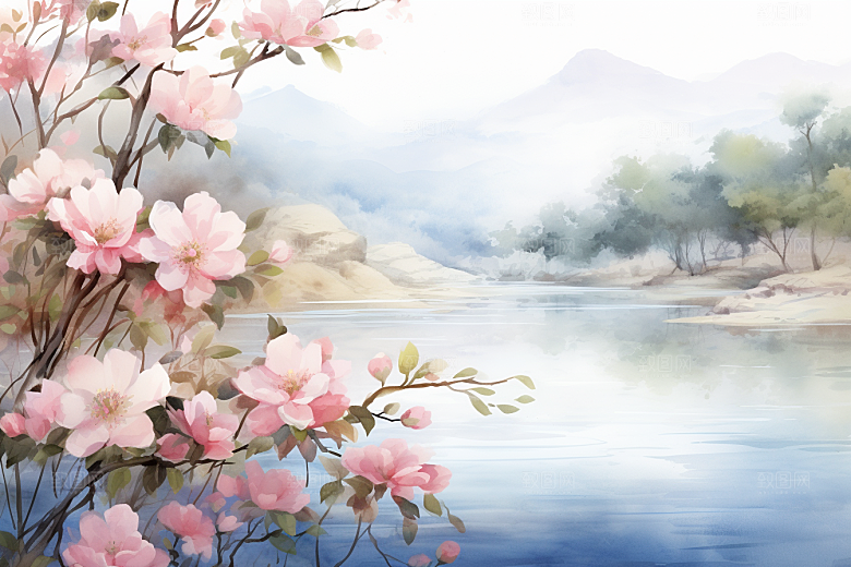 水彩山水风光水彩画风景背景图