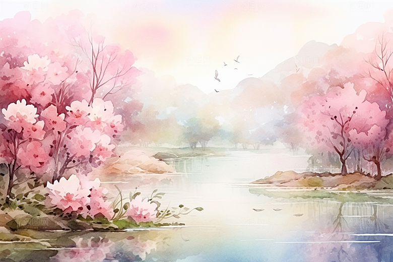 水彩山水风光手绘风光背景图
