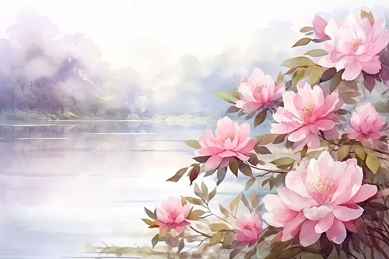 水彩山水风光水彩画清新背景图