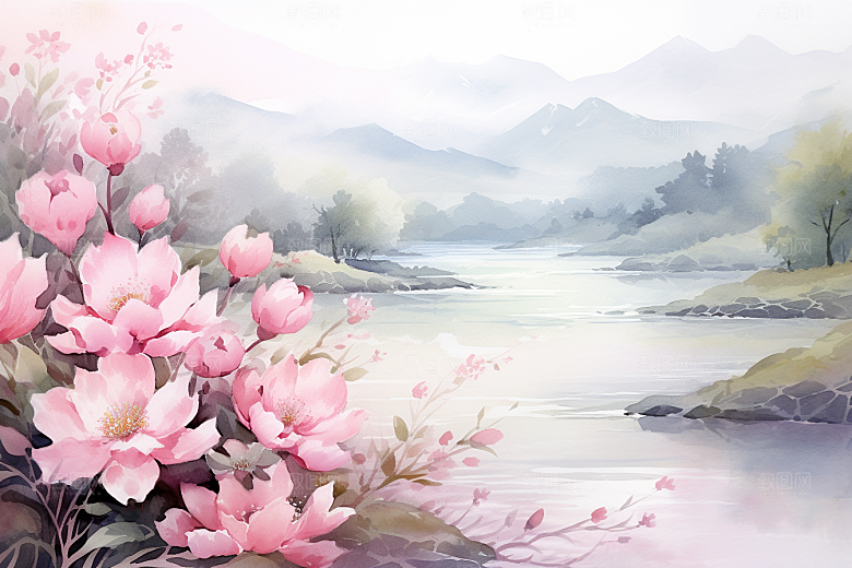 水彩山水风光唯美清新背景图