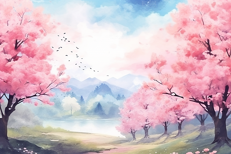 水彩山水风光唯美手绘背景图