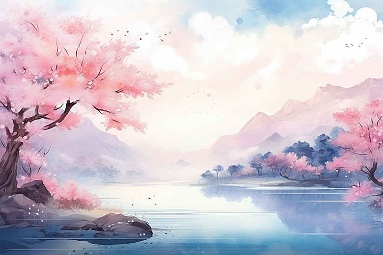 水彩山水风光风光唯美背景图