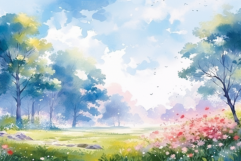 水彩山水风光风光水彩画背景图