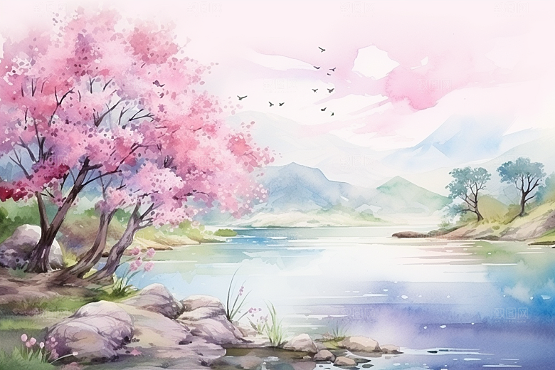 水彩山水风光清新手绘背景图