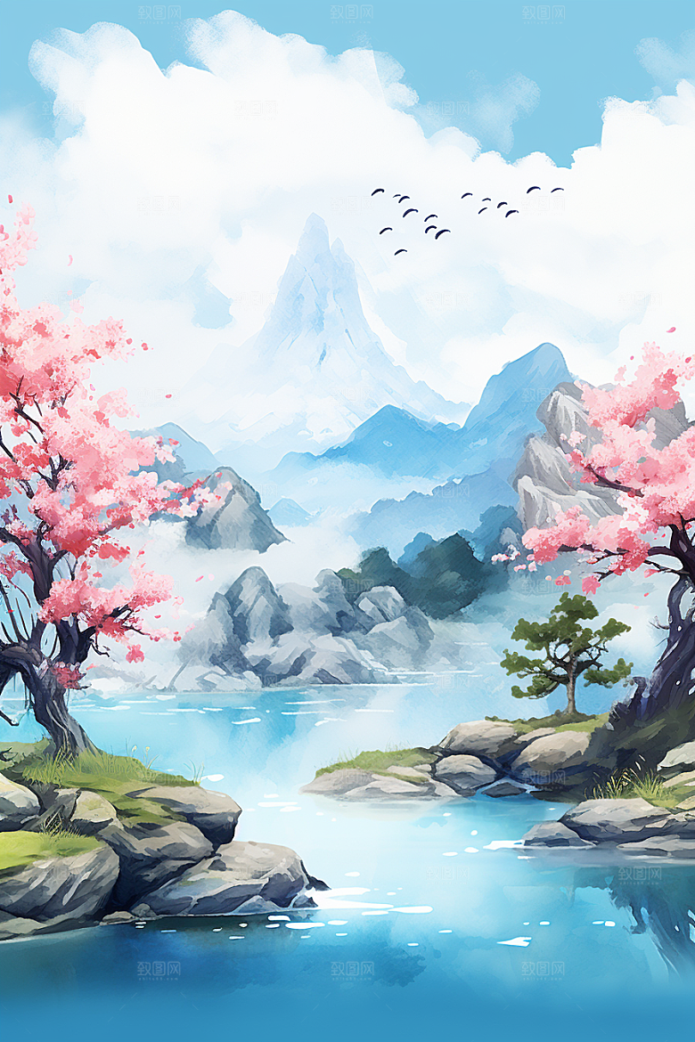 水彩山水风光水彩画风景背景图