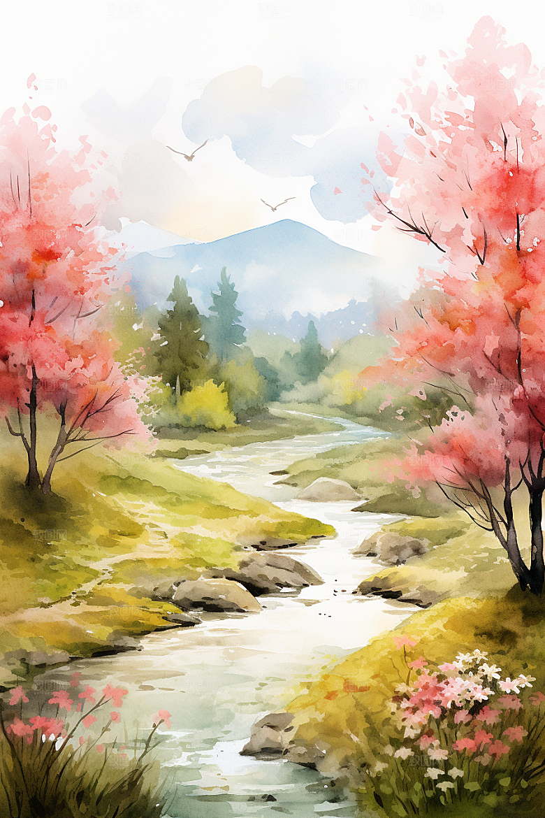 水彩山水风光淡雅手绘背景图