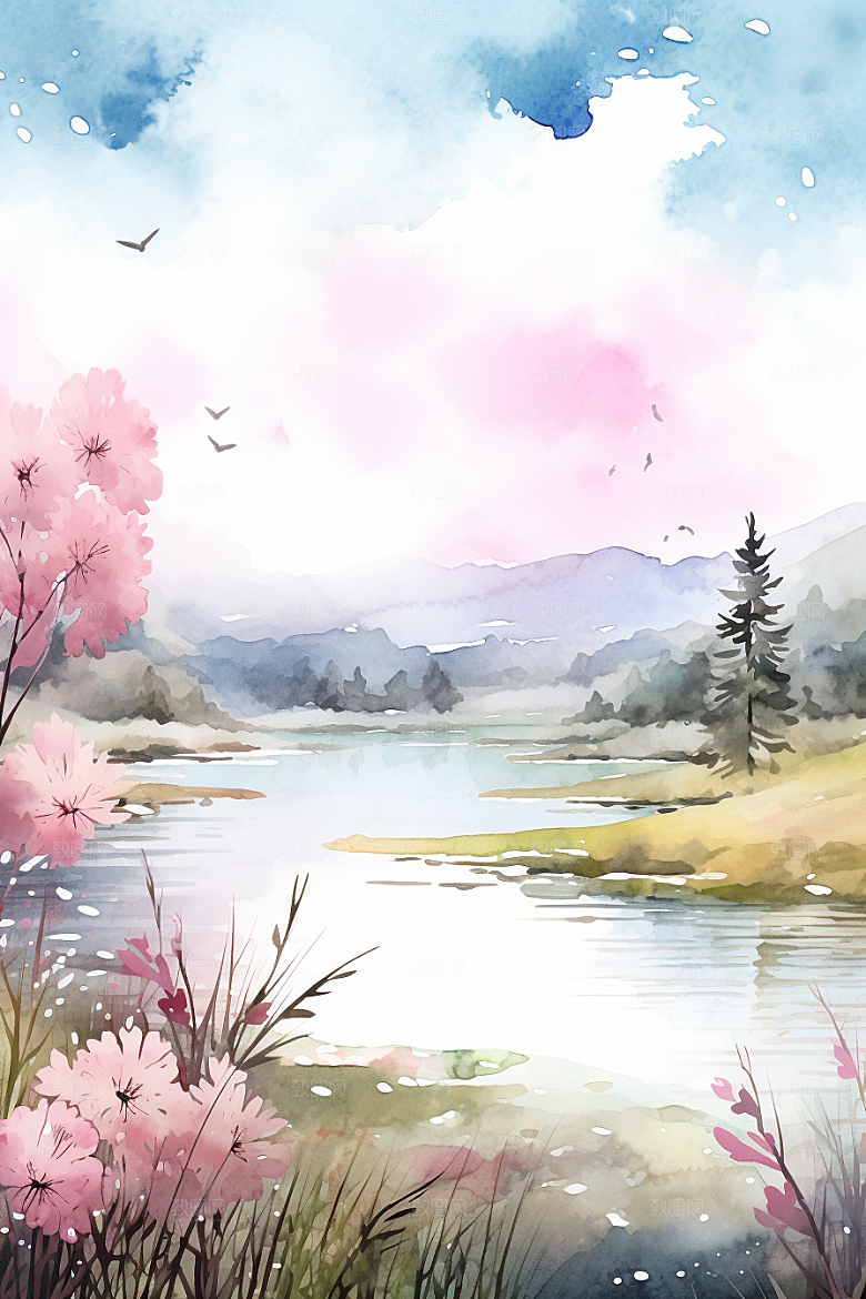 水彩山水风光风景唯美背景图