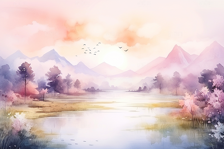 水彩山水风光水彩画高清背景图