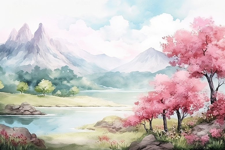 水彩山水风光唯美清新背景图