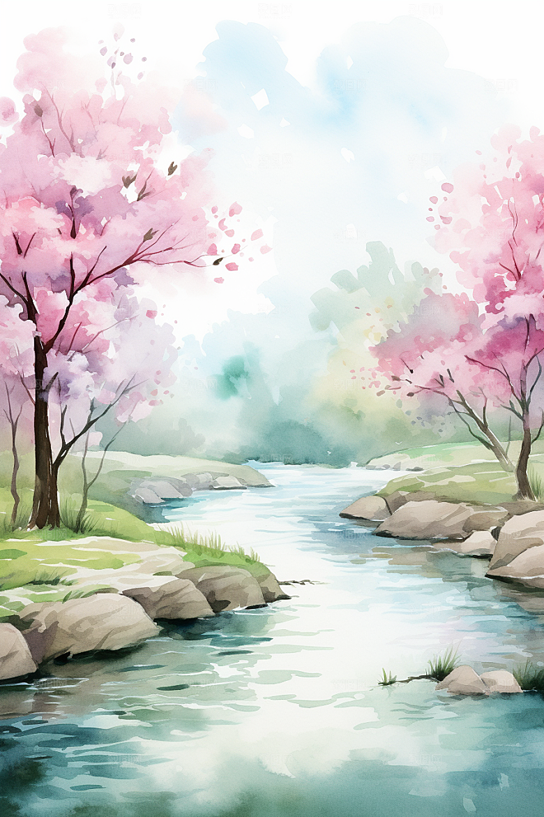 水彩山水风光淡雅清新背景图