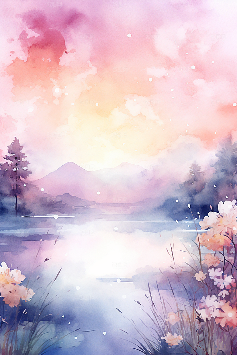 水彩山水风光手绘唯美背景图