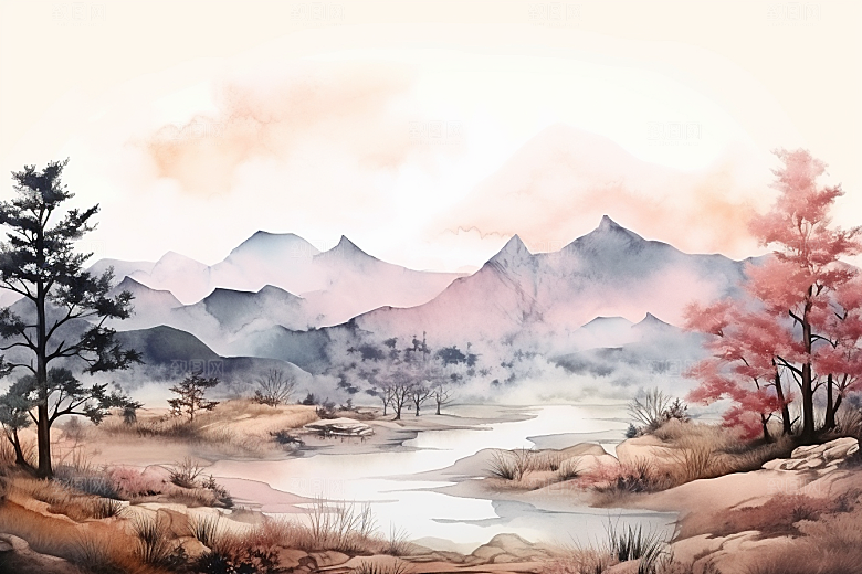 水彩山水风光风景清新背景图