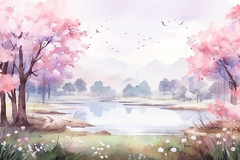 水彩山水风光手绘清新背景图