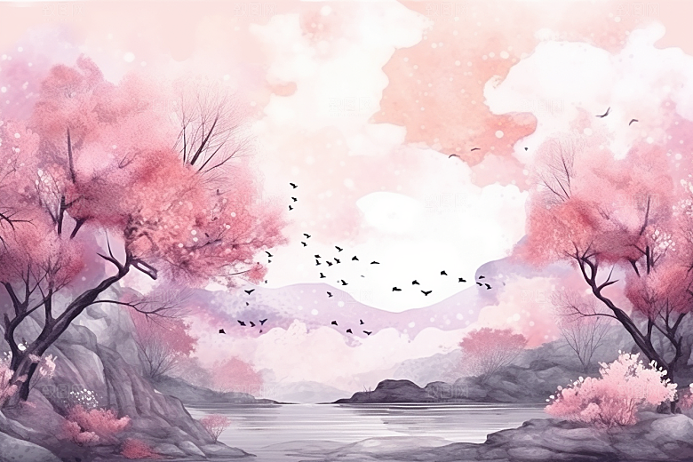 水彩山水风光唯美手绘背景图