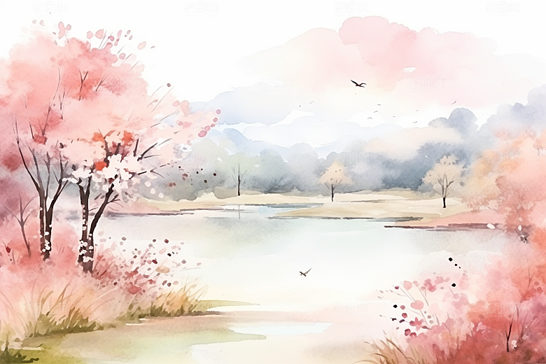 水彩山水风光风光清新背景图