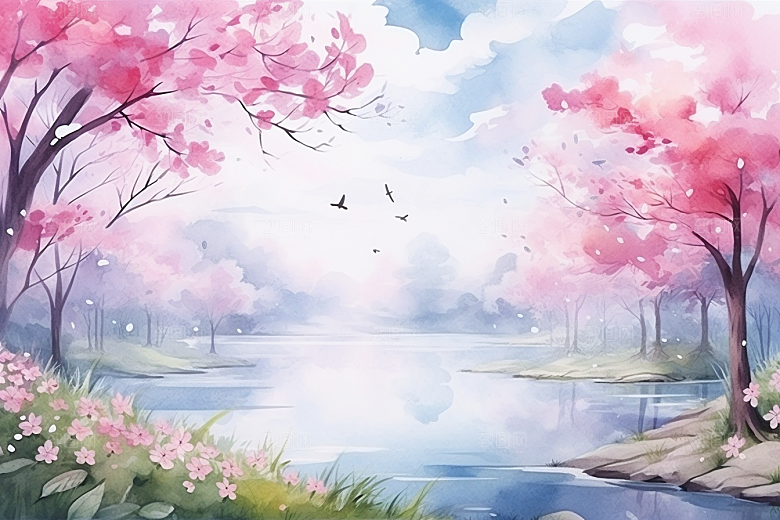 水彩山水风光风景高清背景图