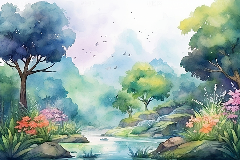 水彩山水风光淡雅清新背景图