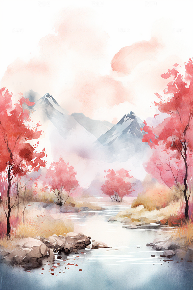 水彩山水风光唯美风光背景图