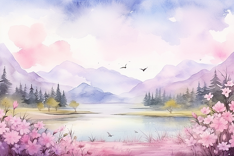 水彩山水风光淡雅清新背景图