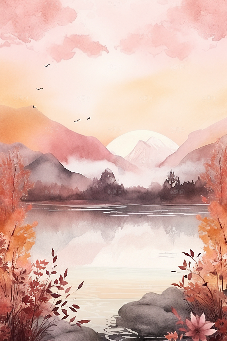 水彩山水风光清新风景背景图