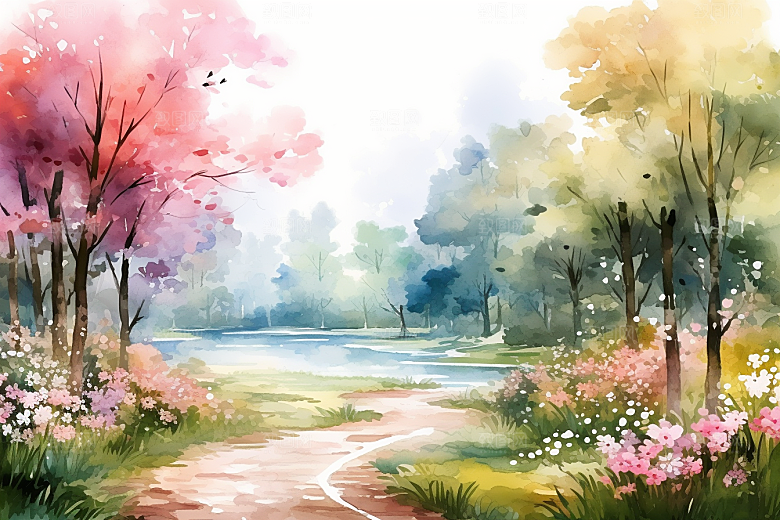 水彩山水风光风光水彩画背景图