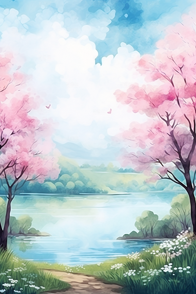 水彩山水风光淡雅清新背景图