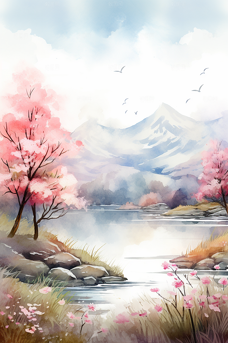 水彩山水风光清新手绘背景图