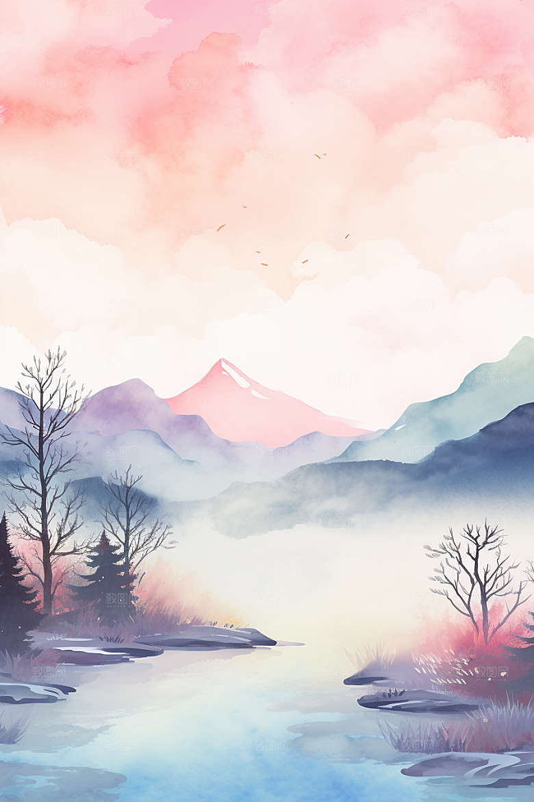 水彩山水风光风景风光背景图