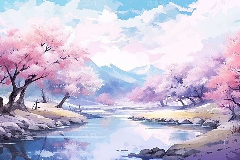 水彩山水风光水彩画手绘背景图