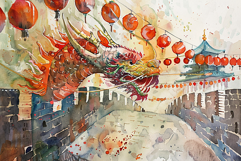 水墨长城水墨画传统艺术插画