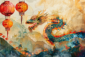 水墨长城传统水彩艺术插画