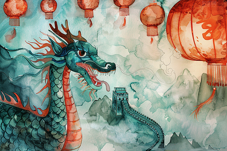 水墨长城中国风渐变艺术插画