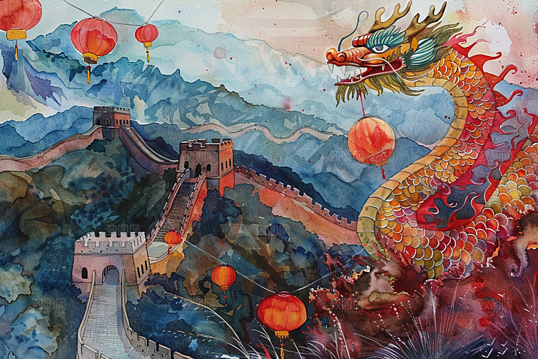 水墨长城八达岭中国风艺术插画