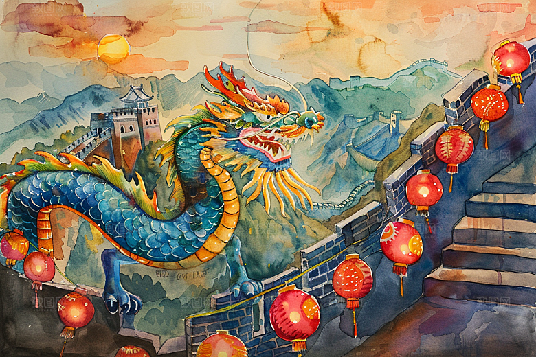 水墨长城中式壮阔艺术插画