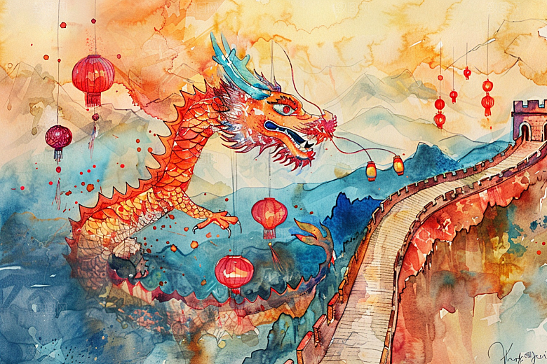 水墨长城渐变传统艺术插画