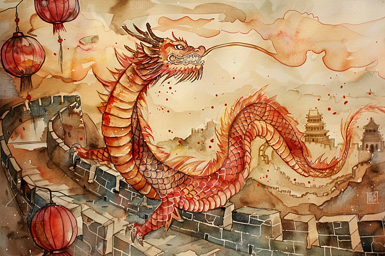 水墨长城水墨画中国风艺术插画