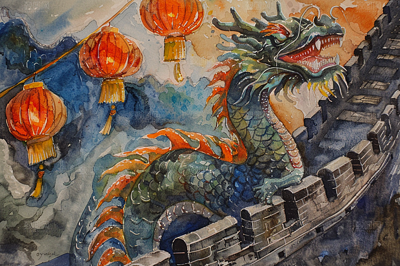 水墨长城水墨画中式艺术插画