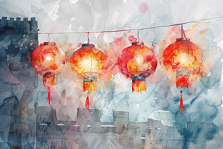 水墨长城景点风景艺术插画