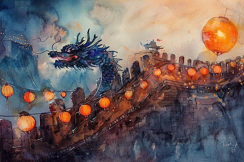 水墨长城晕染中式艺术插画