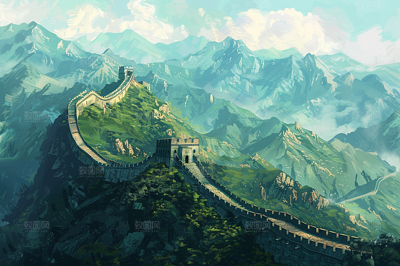 水墨长城水墨画中式艺术插画