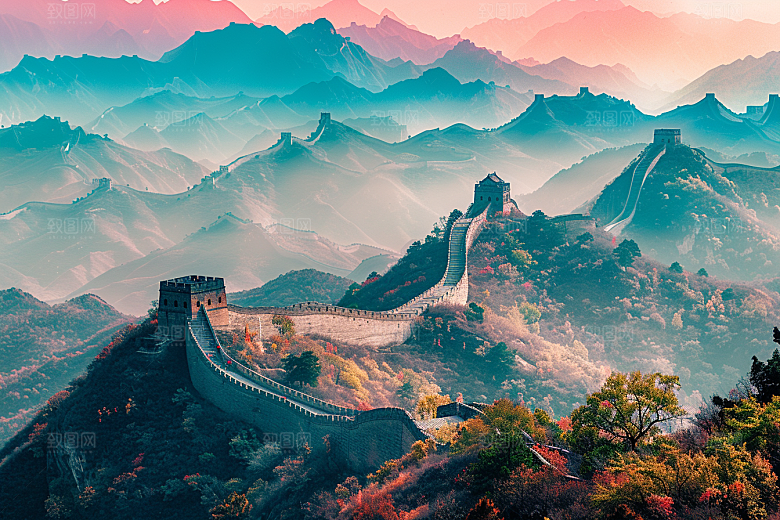 水墨长城晕染风景艺术插画