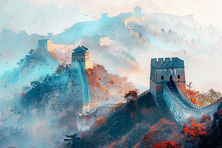 水墨长城中国风水墨画艺术插画
