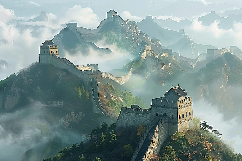 水墨长城中国风水墨画艺术插画