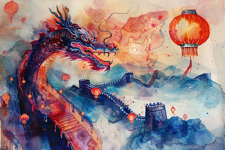 水墨长城壮阔渐变艺术插画
