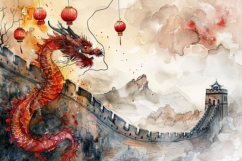 水墨长城高清风景艺术插画