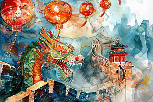 水墨长城传统水彩艺术插画