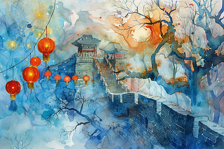 水墨长城风景景点艺术插画