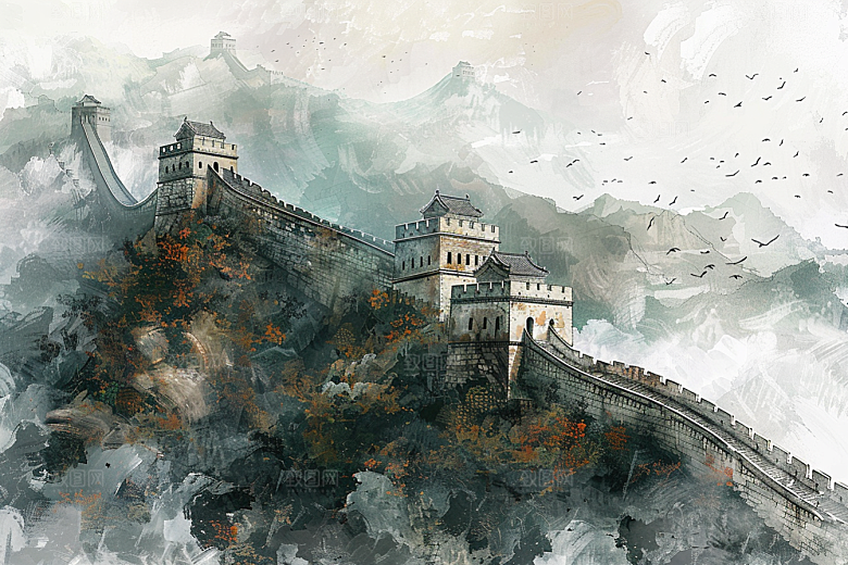 水墨长城传统晕染艺术插画