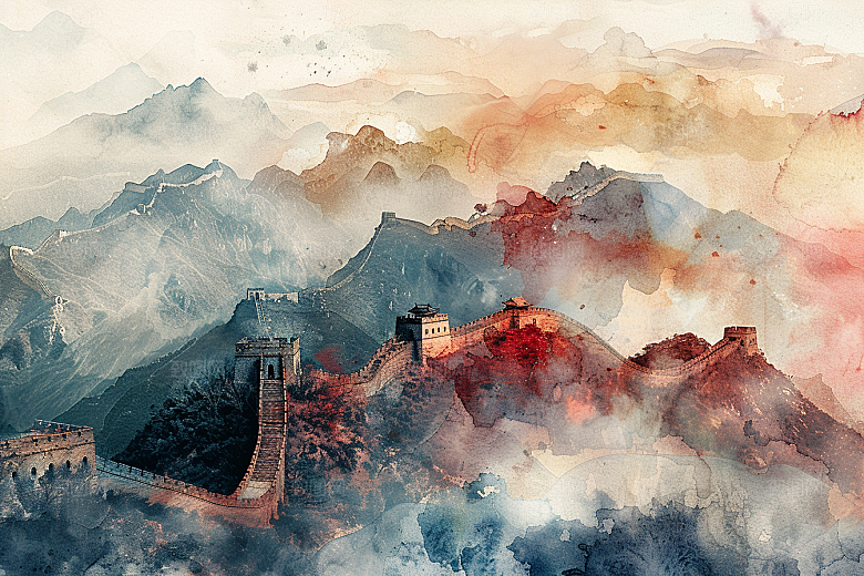 水墨长城风景传统艺术插画